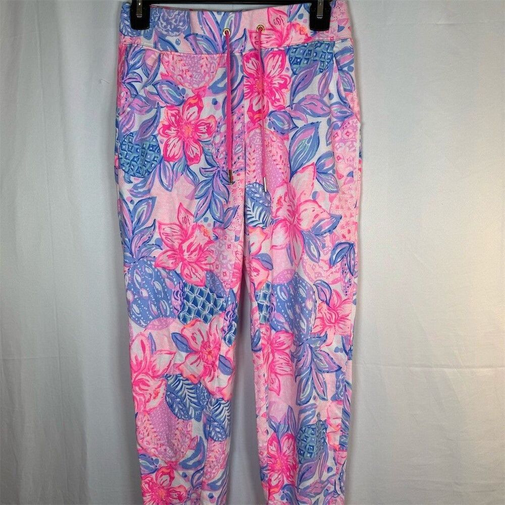 Lilly Pulitzer Luxletic Jogger Pants Womens XS Pink Blue Floral Pineapple